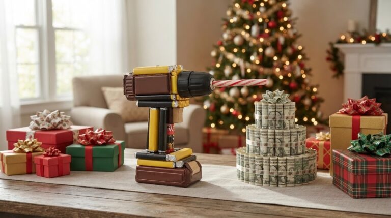 DIY white elephant gifts: a candy bar power drill and a money cake on a festive table
