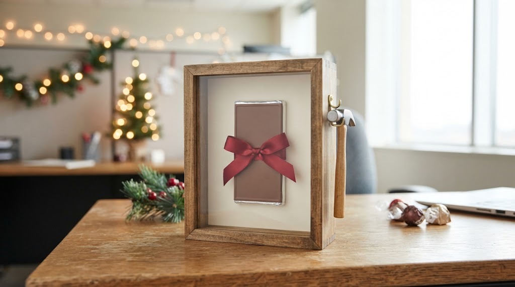 Emergency chocolate box with a clear front and a little hammer