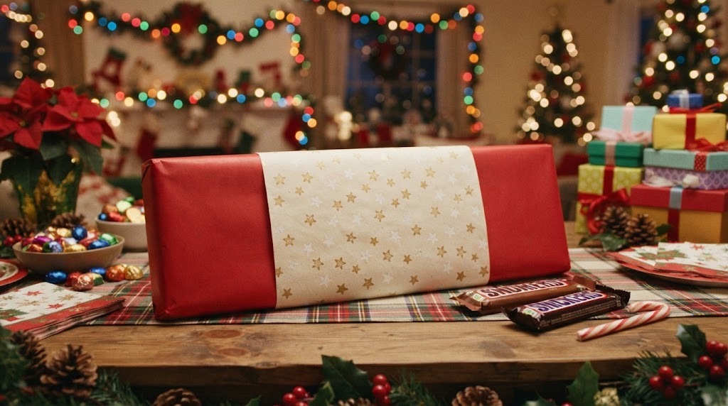 Giant handmade candy bar gift next to normal size candy