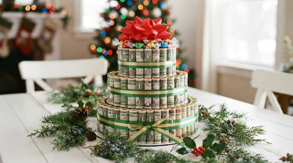 DIY white elephant gifts idea: a three tier money cake of rolled bills