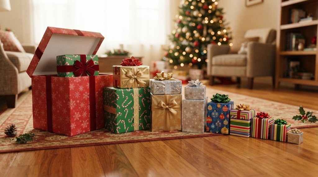 DIY white elephant gifts prank: ten nested gift boxes in bright paper