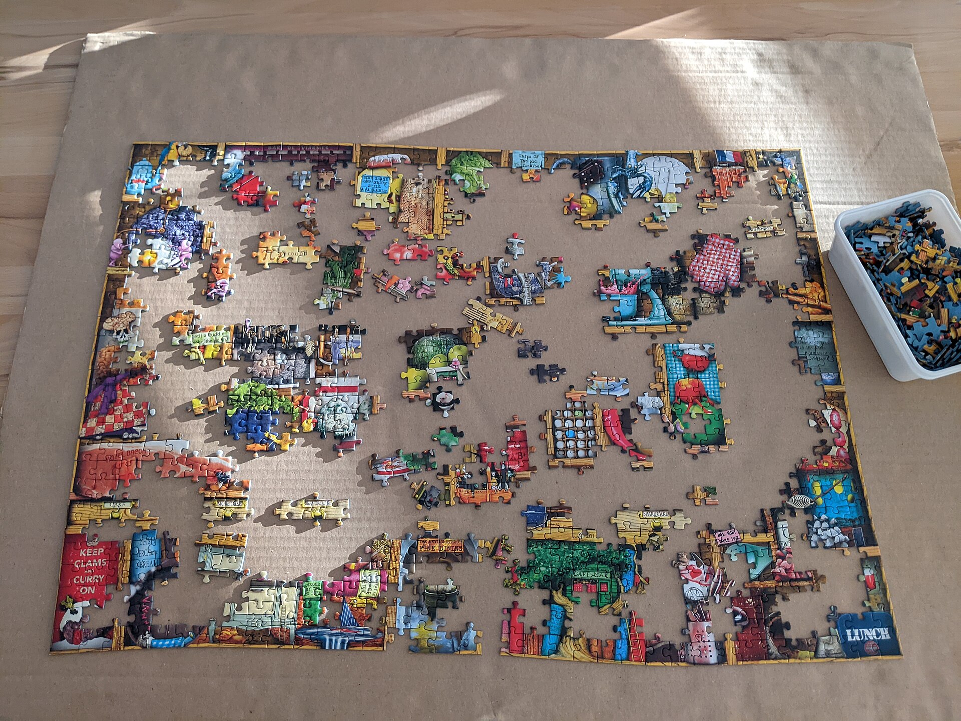 Jigsaw puzzle in progress on a table