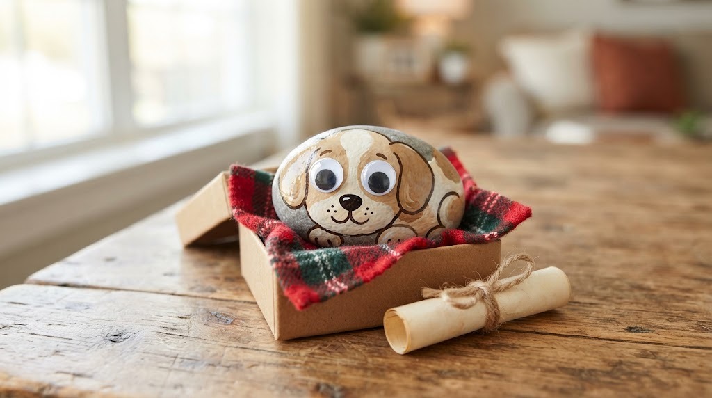 Painted rock pet puppy in a tiny gift box bed