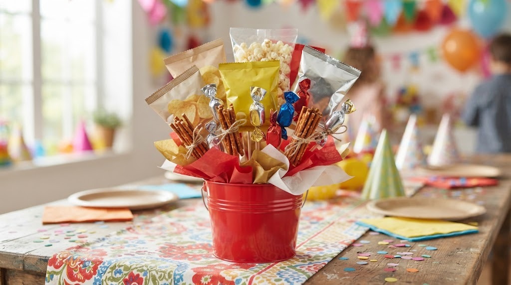 Snack bouquet in a red bucket made of snacks on skewers
