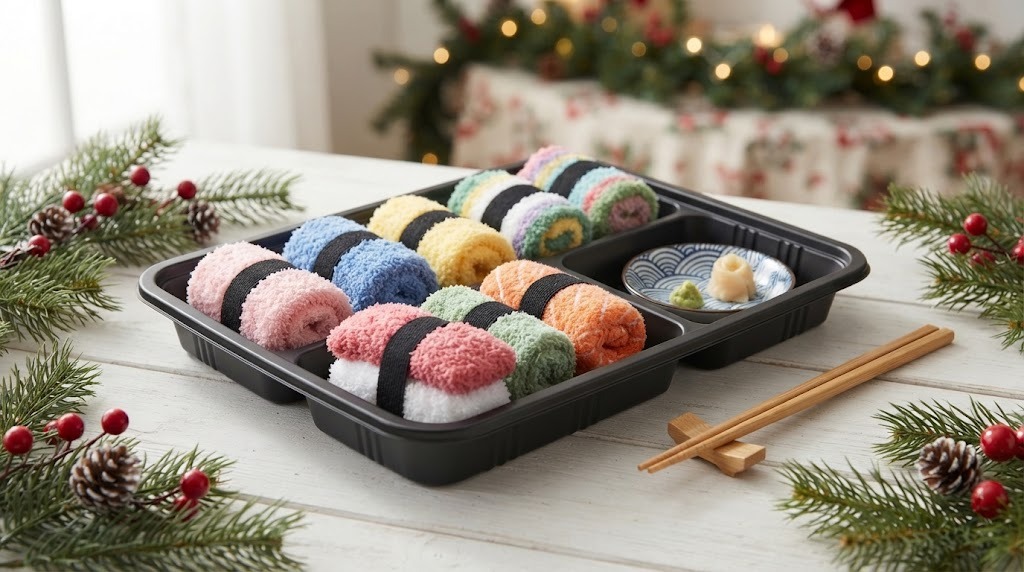 DIY white elephant gifts: cozy socks rolled up like sushi in a tray