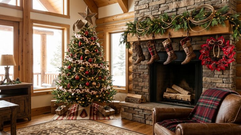 Western Christmas decor living room with a cowboy hat tree topper, rope garland and boot stockings