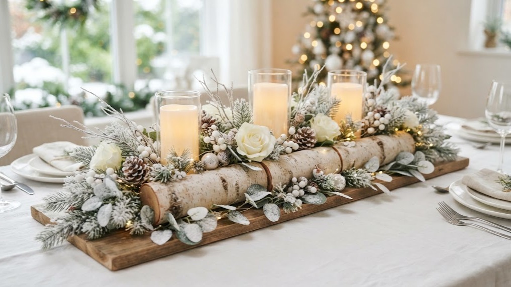 White birch logs with white roses, flocked greenery and LED pillars on a wooden board