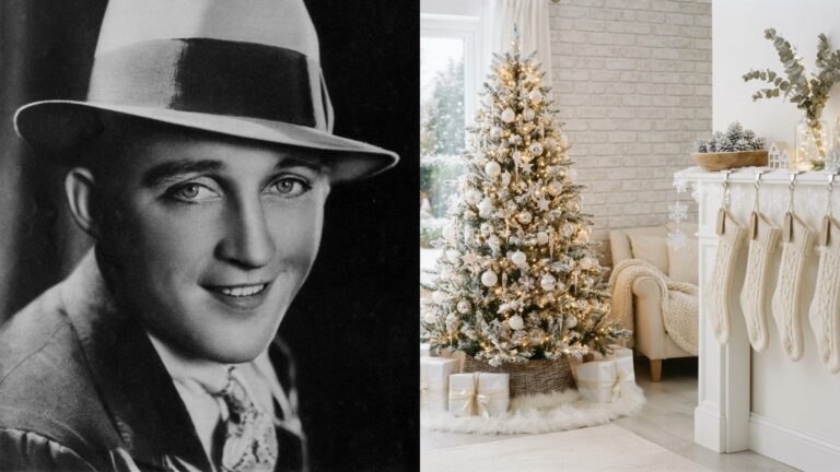White Christmas decor idea next to a 1932 photo of Bing Crosby