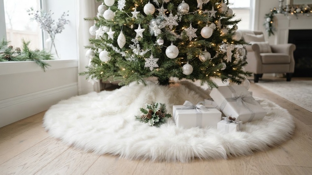 White Christmas decor faux fur tree skirt with white wrapped gifts