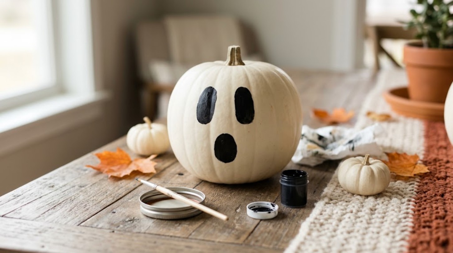No-carve pumpkin ideas: white pumpkin painted with a simple black ghost face on a wooden farmhouse table