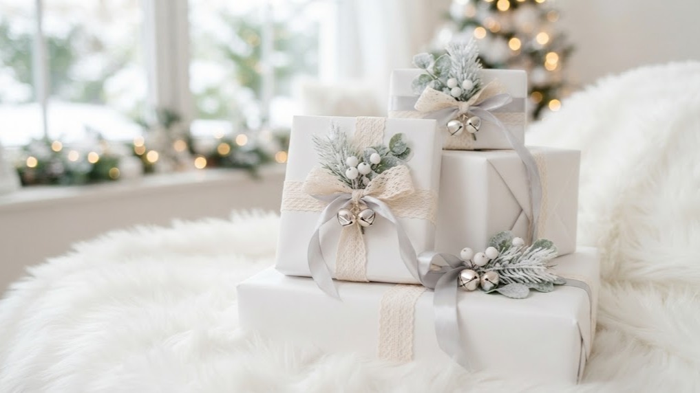 White Christmas decor gift wrap with lace ribbon and silver bells