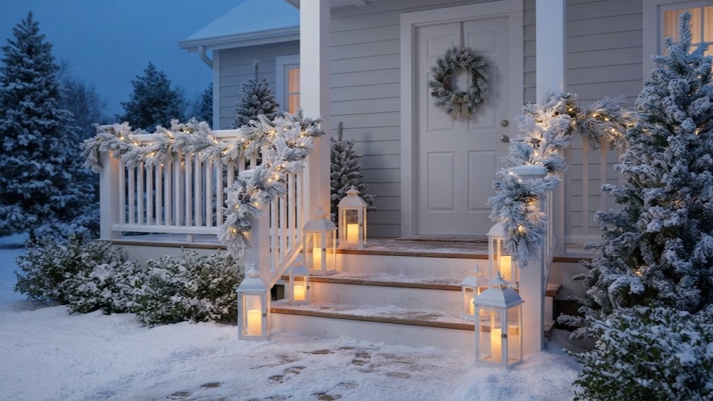 White lanterns with LED pillar lights and flocked garland on a snowy front porch