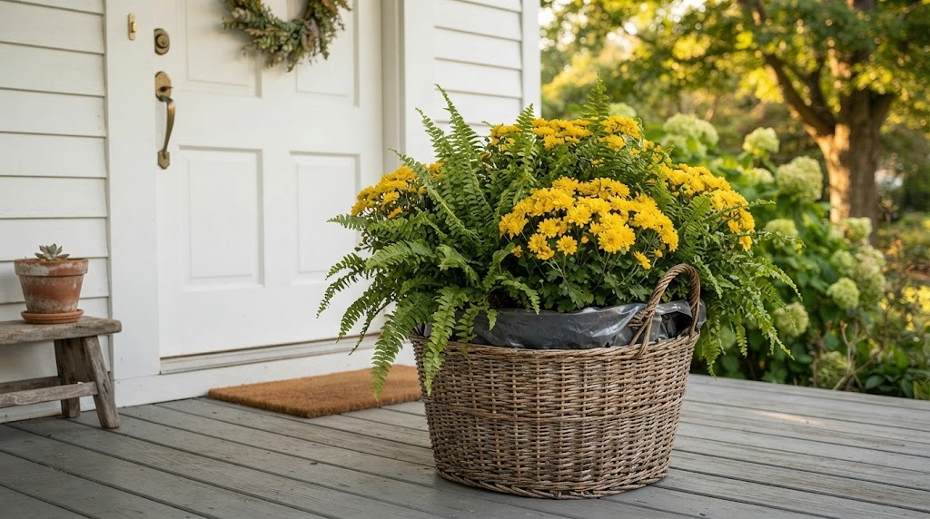 Old wicker laundry basket planter with a fern and yellow mums by a white door