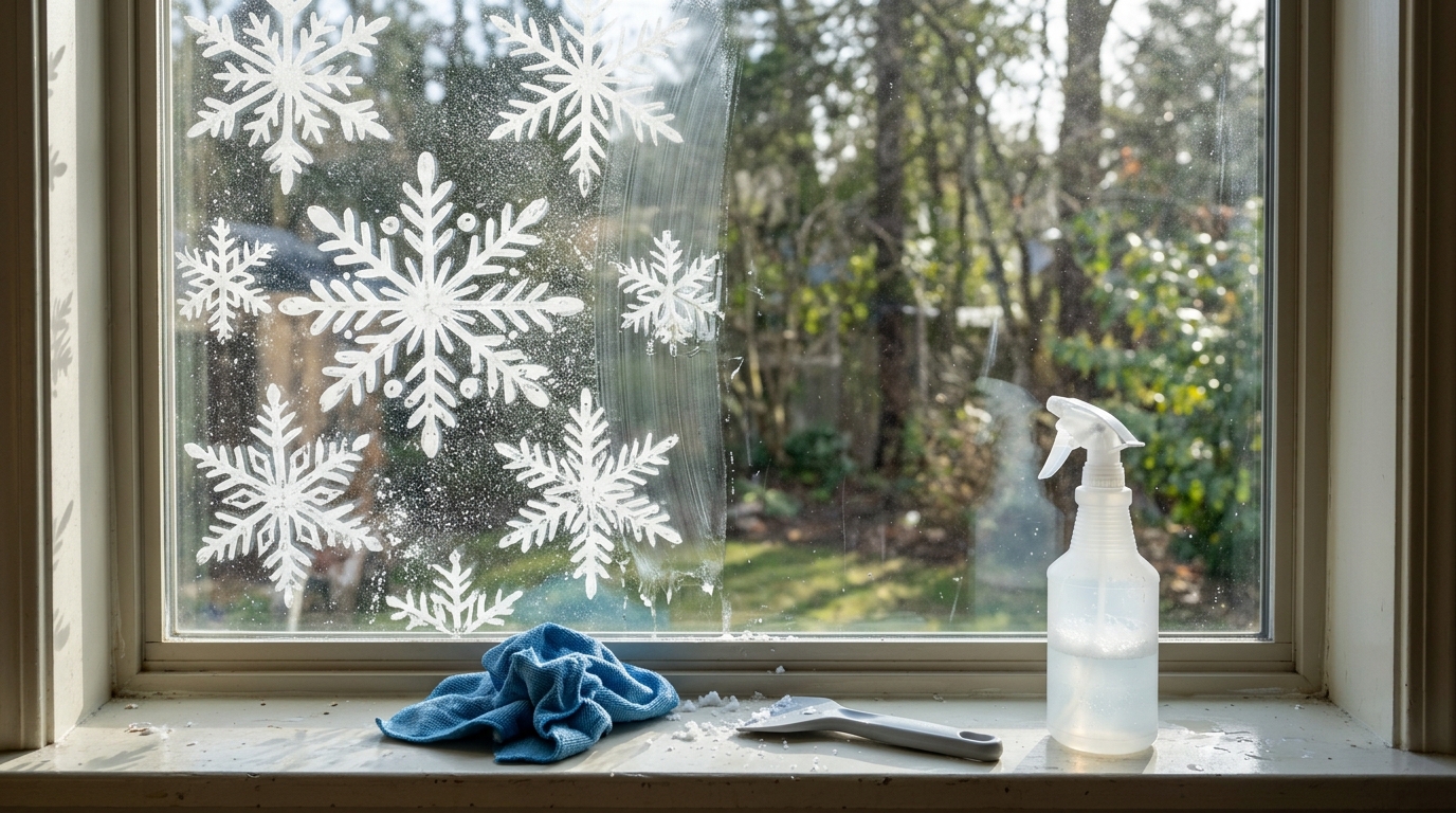 Christmas Window Painting cleanup with a spray bottle, scraper and cloth on the sill