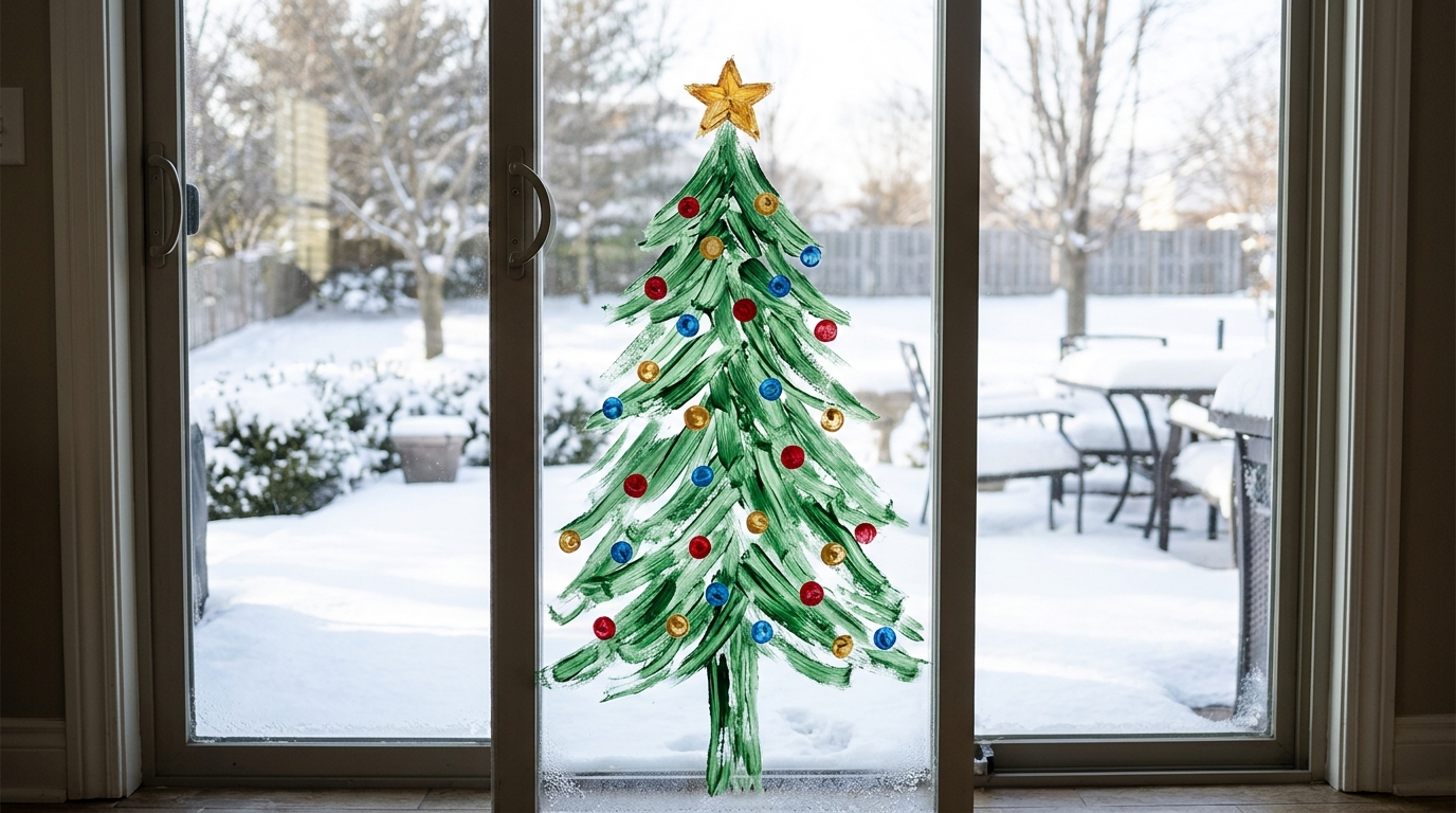 Christmas Window Painting of a green brush stroke tree with dot ornaments on a patio door