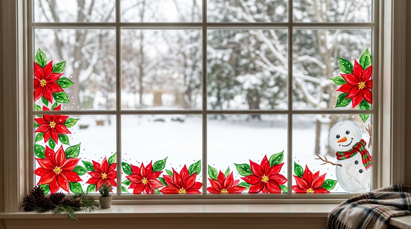Poinsettia border and peeking snowman painted on a window