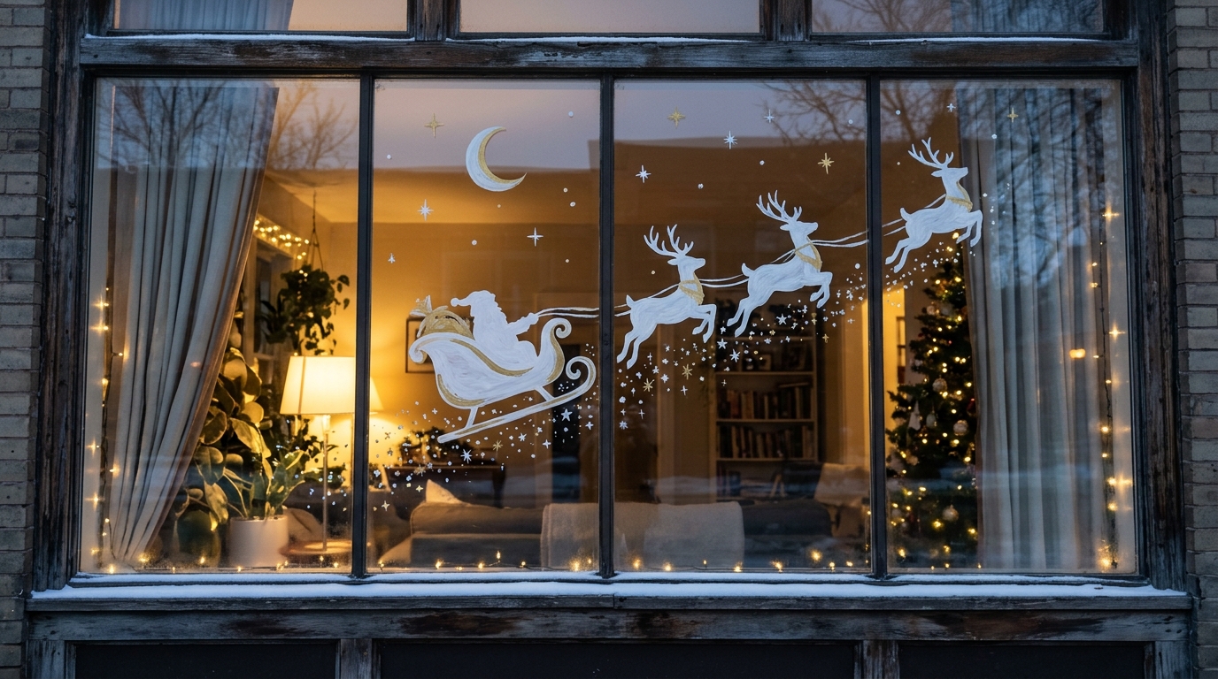 Christmas Window Painting of a white sleigh and reindeer flying across the glass