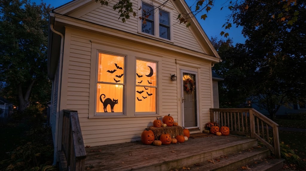 Black paper cat and bat silhouettes glowing in front windows at dusk