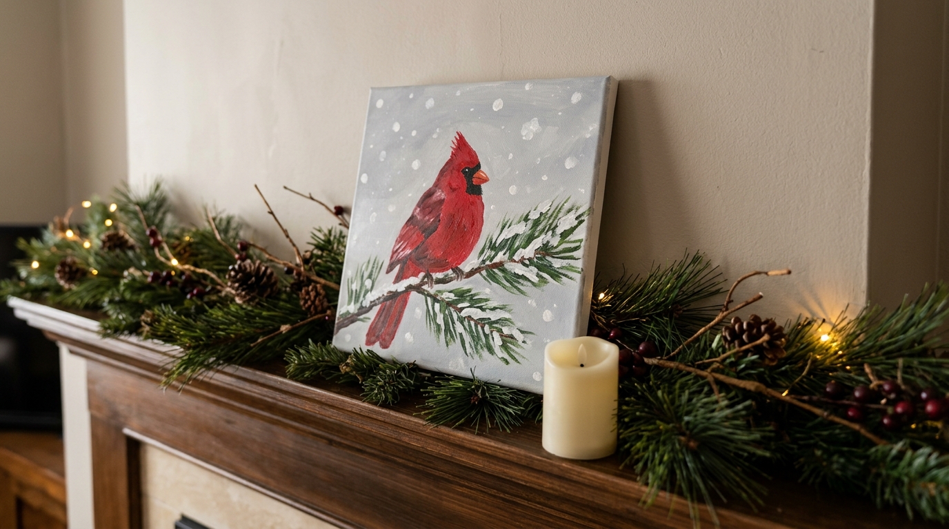 Easy canvas paintings: red cardinal on a snowy branch canvas on a mantel