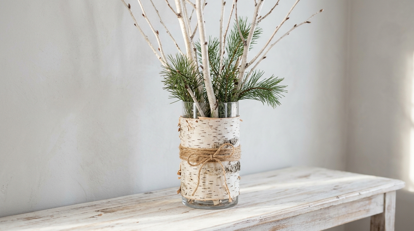 Winter decor ideas: glass vase wrapped in birch bark holding white birch branches and pine