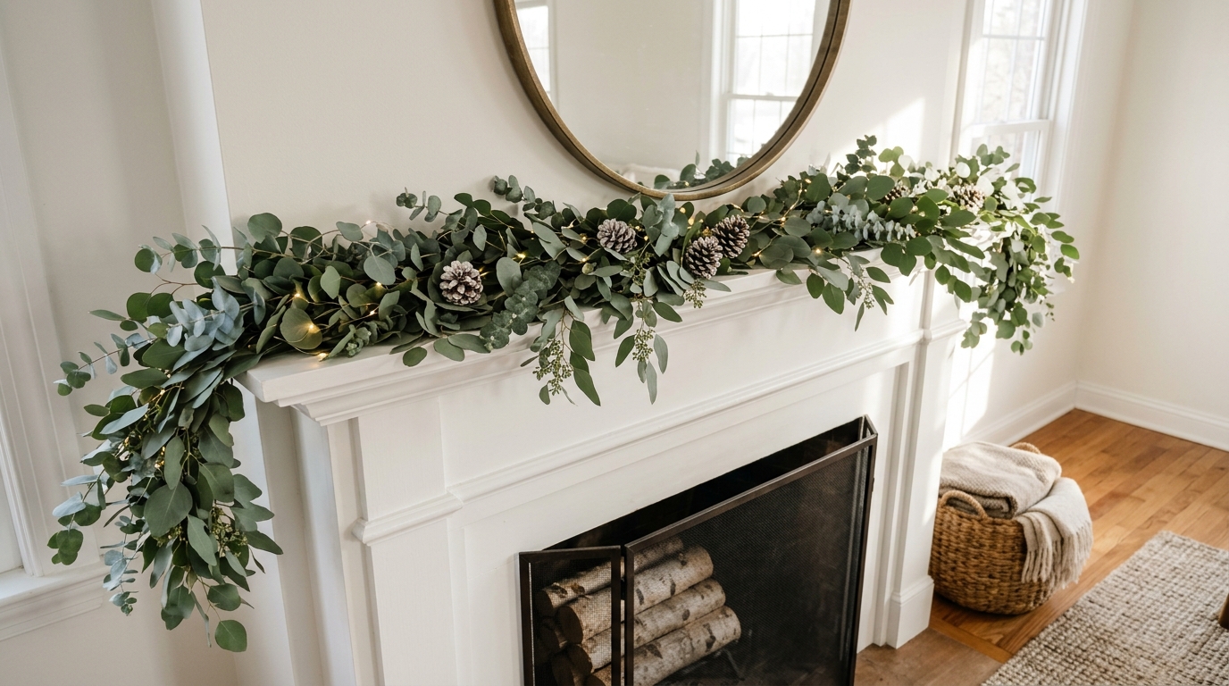 Winter decor ideas: fresh eucalyptus garland with fairy lights on a white mantel