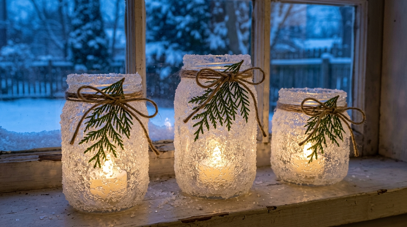 Winter decor ideas: three frosted glass jars glowing with LED tea lights on a snowy windowsill