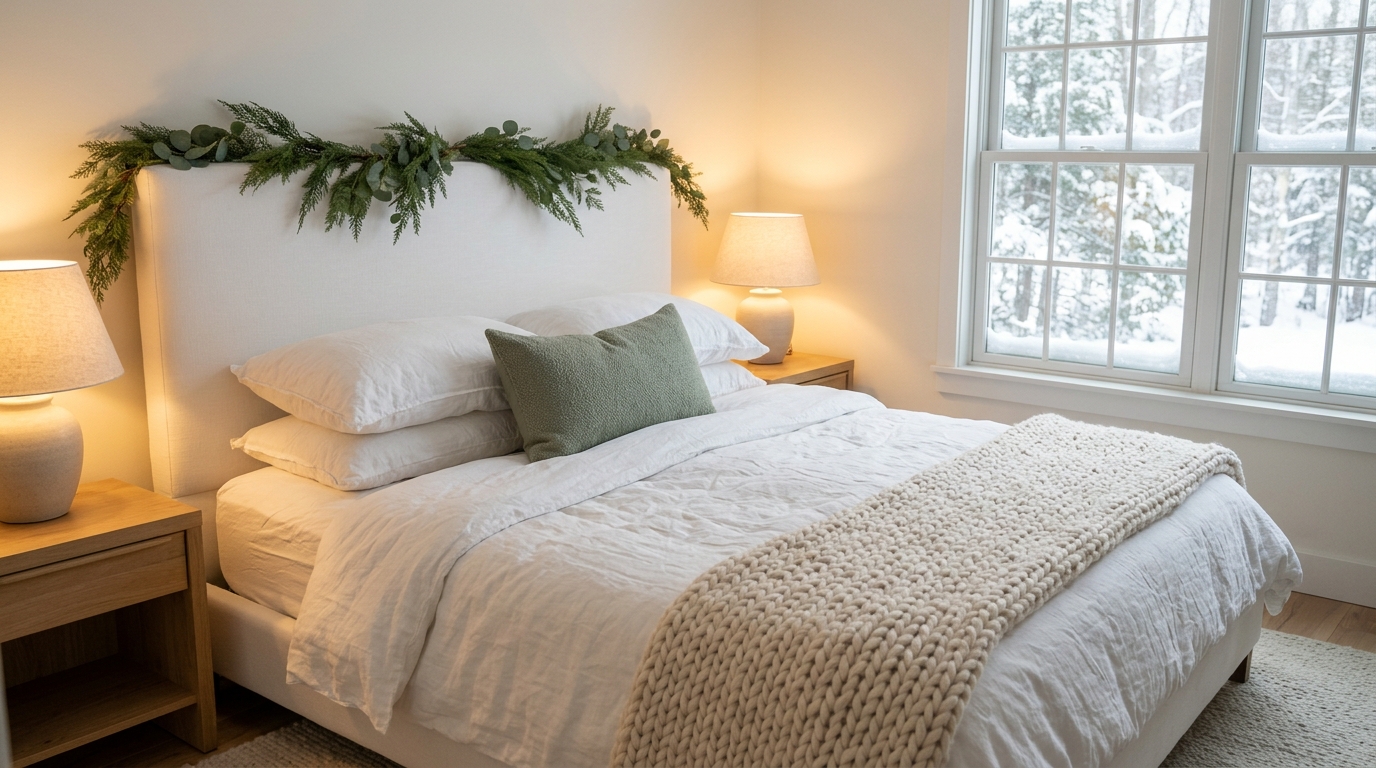 White bedroom with a draped cedar and eucalyptus swag over the headboard