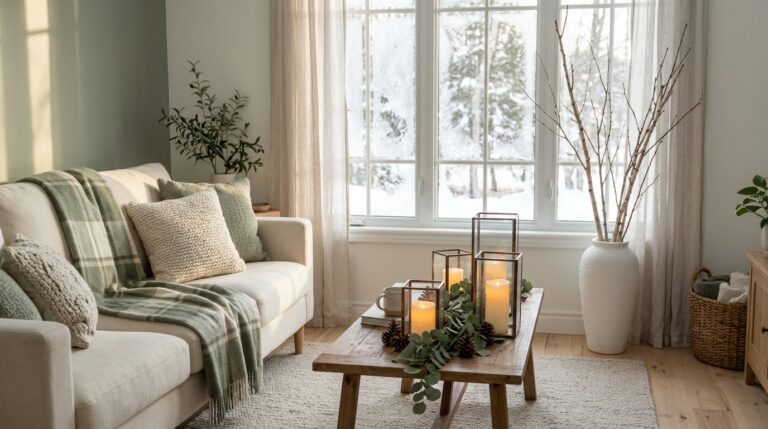 Winter decor ideas: white and sage living room with birch branches, plaid throw and glowing LED candles