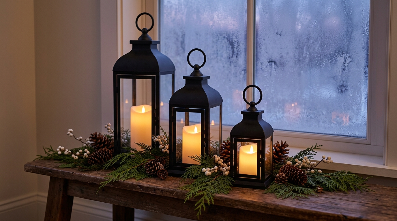Three black lanterns with flameless LED candles, pine cones and cedar on a bench