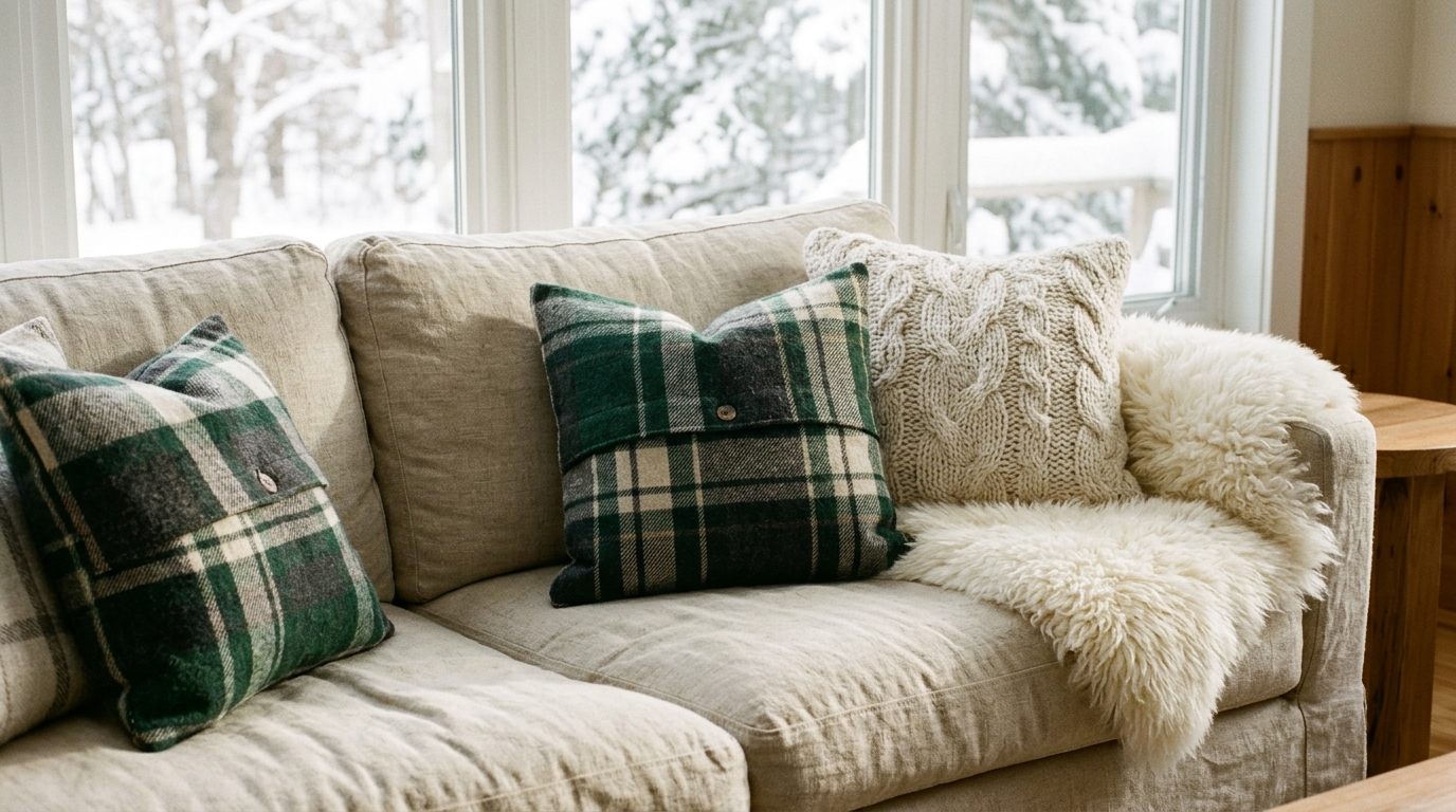 Linen sofa with handmade wool plaid envelope pillow covers and a sheepskin throw