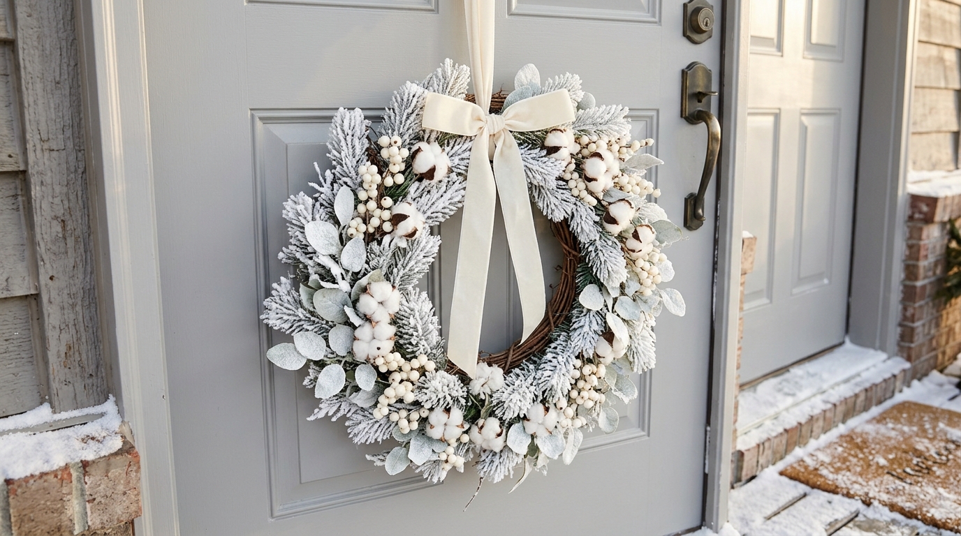 Winter decor ideas: all white wreath of flocked pine, berries and cotton on a grey door