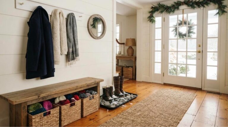 Winter entryway ideas with a wooden bench, baskets, peg rail and boot tray full of river rocks