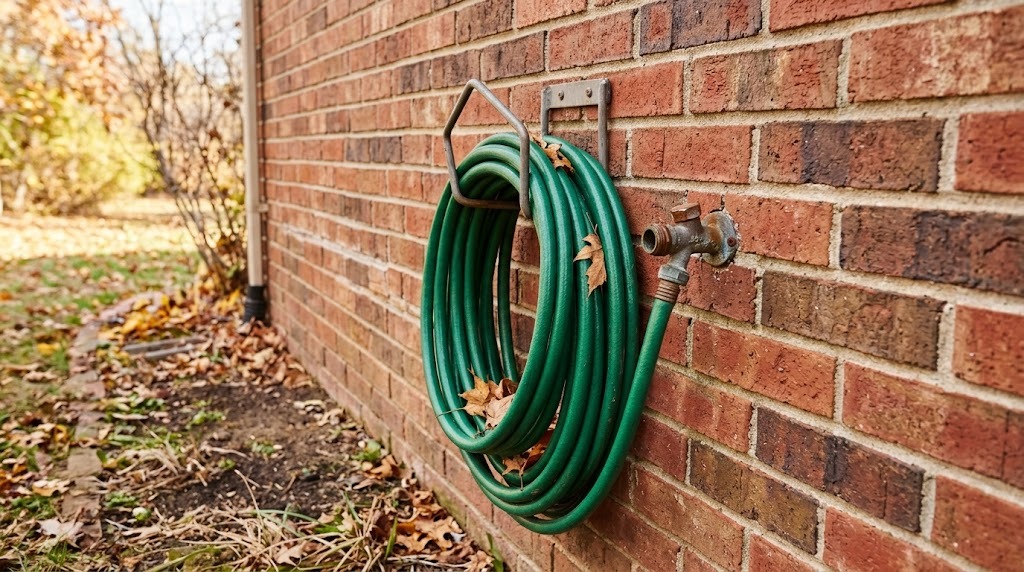 Garden hose coiled and drained on a hook next to an outdoor faucet