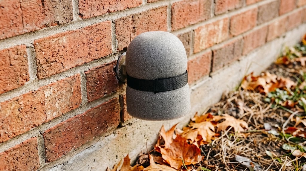 Winter home prep foam faucet cover on an outdoor spigot against a brick wall