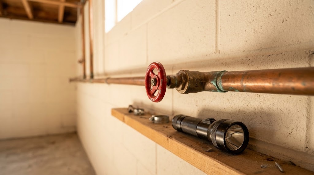 Indoor shut off valve for an outdoor faucet line in a basement