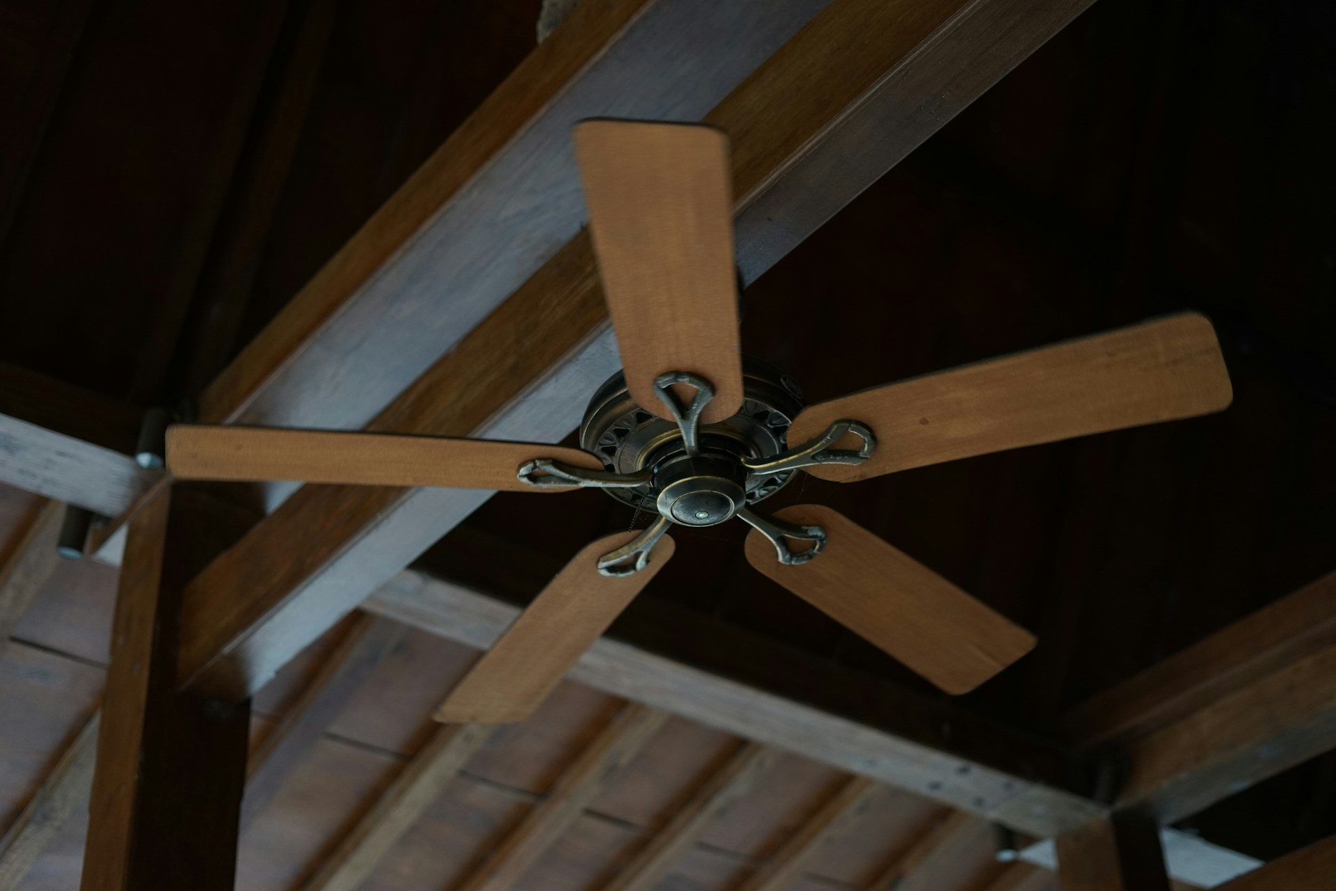 Winter home prep with a wooden ceiling fan under a rustic wood ceiling