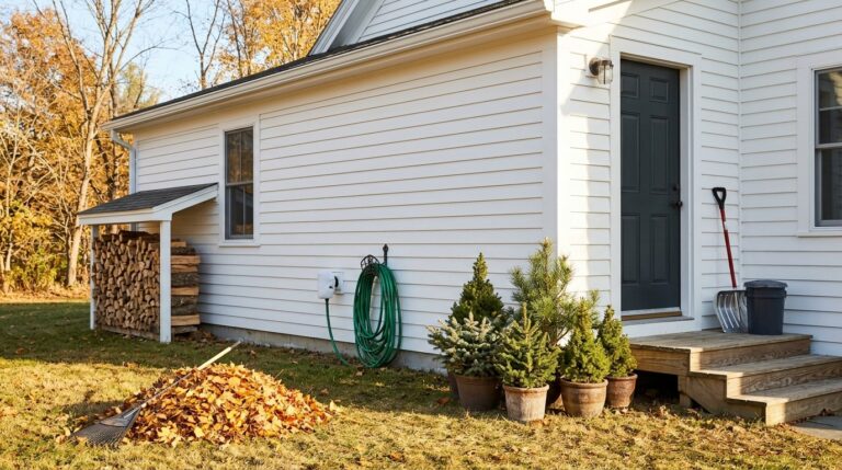 Winter home prep: covered faucet, coiled hose, stacked firewood and a shovel by the steps of a tidy house