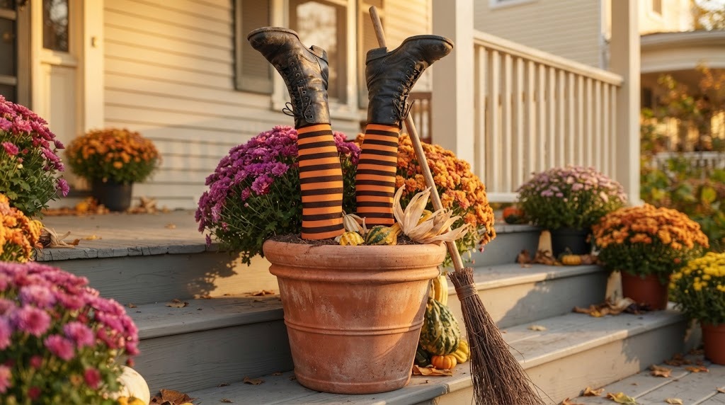 Striped witch legs with old boots sticking out of a porch planter