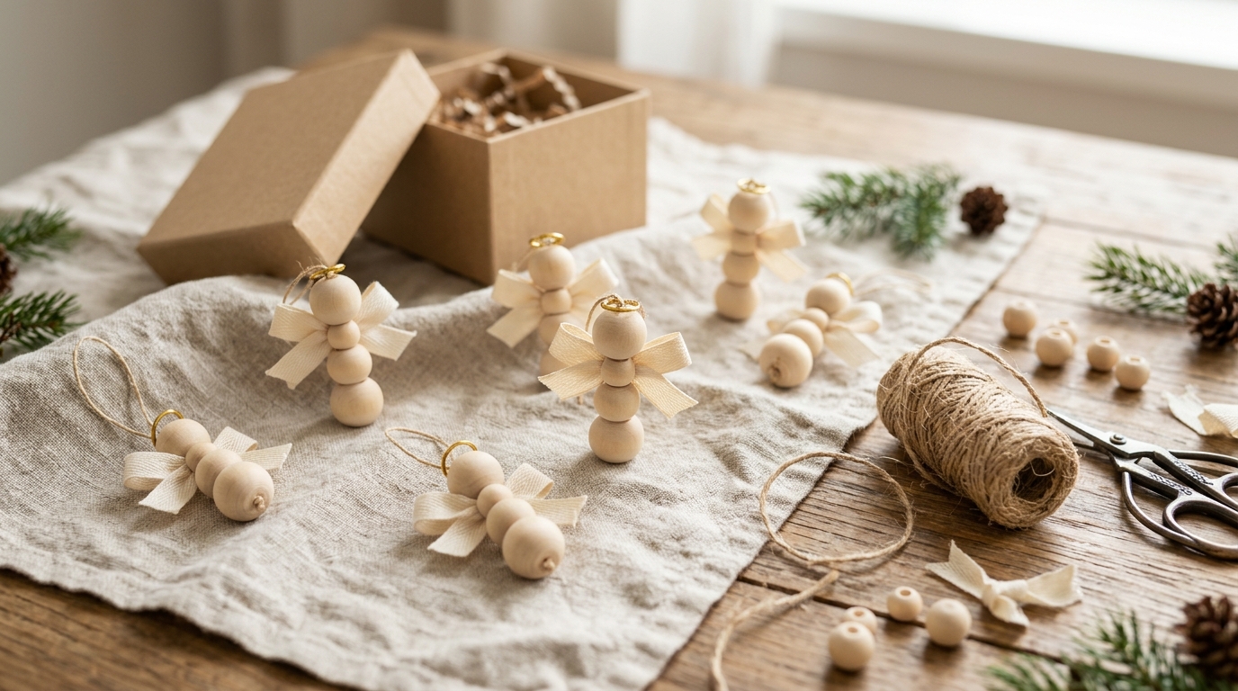 Wood bead angel ornaments with ribbon wings on a linen cloth
