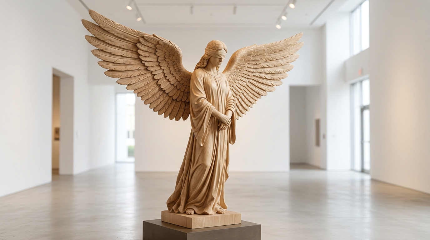 Wood angel sculptures inspired piece with spread feather wings in a white gallery