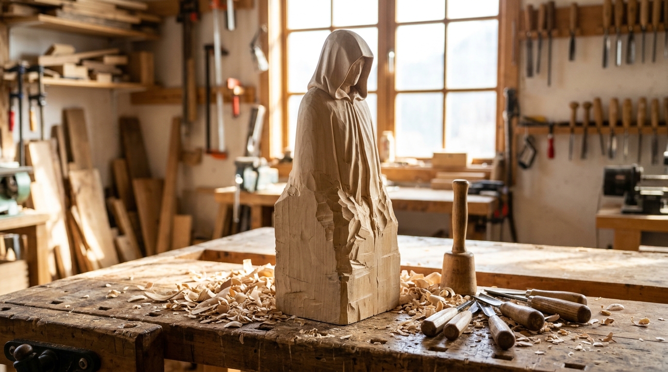 Hooded robed figure half carved from a block of pale wood on a workbench