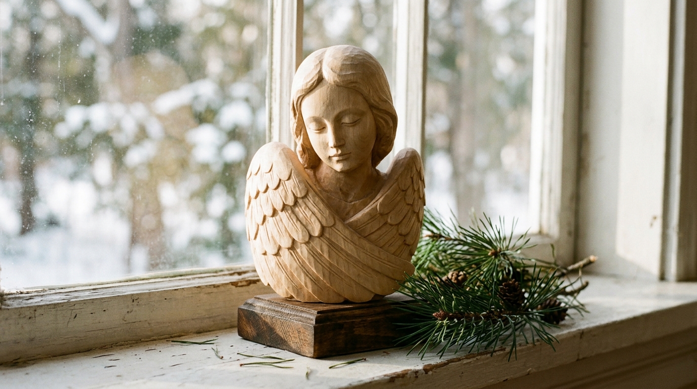 Wood angel sculptures style bust with wings folded around the shoulders