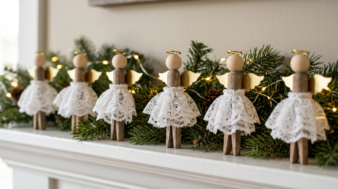 Clothespin angels with lace skirts and gold wings on a white mantel