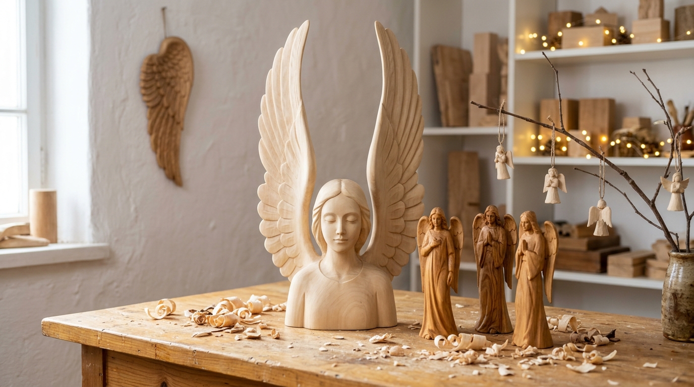 Wood angel sculptures with carved wings and small angel ornaments on a studio table