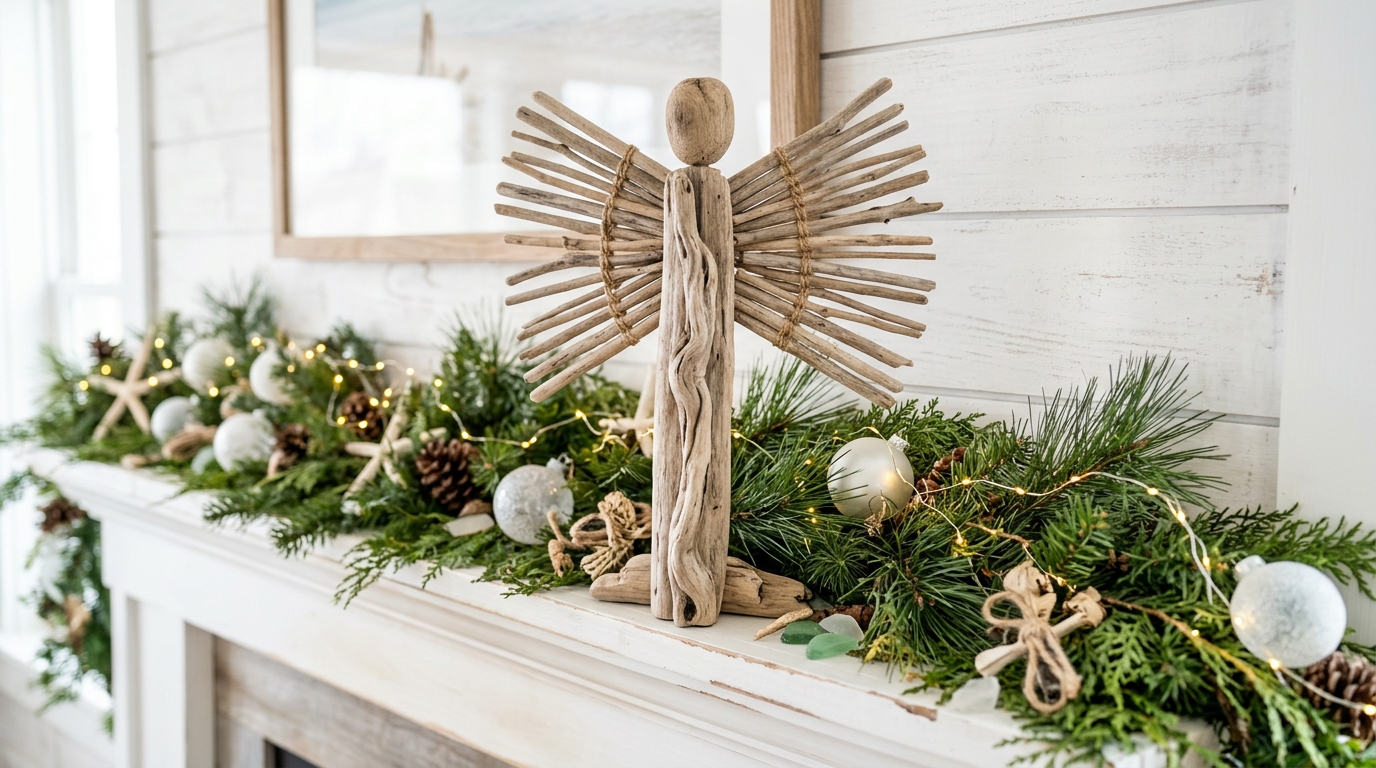 Driftwood take on wood angel sculptures with fanned stick wings on a mantel