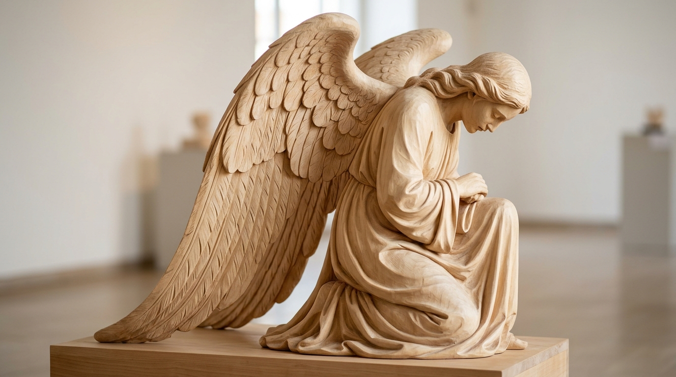 Kneeling figure among wood angel sculptures with drooping carved wings