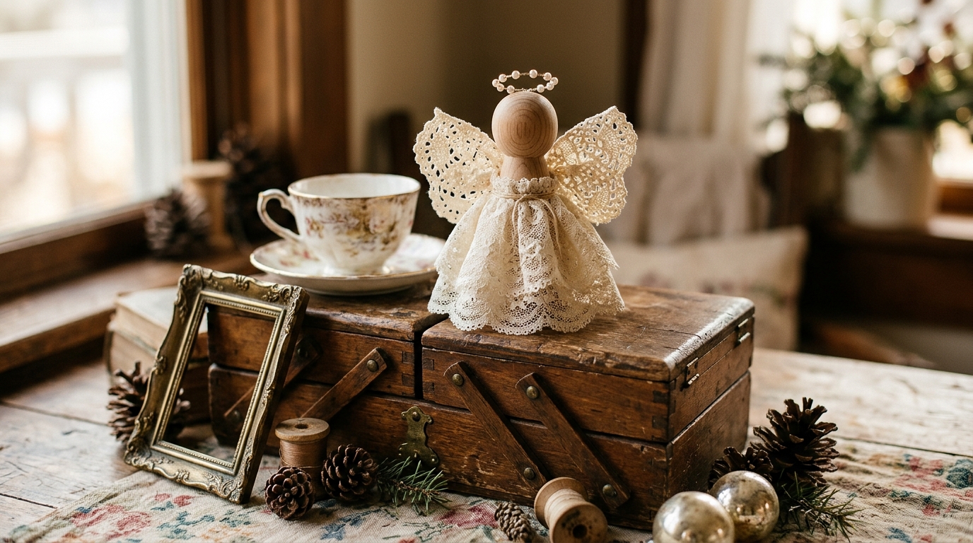 Wood peg angel with a vintage lace dress on an old sewing box