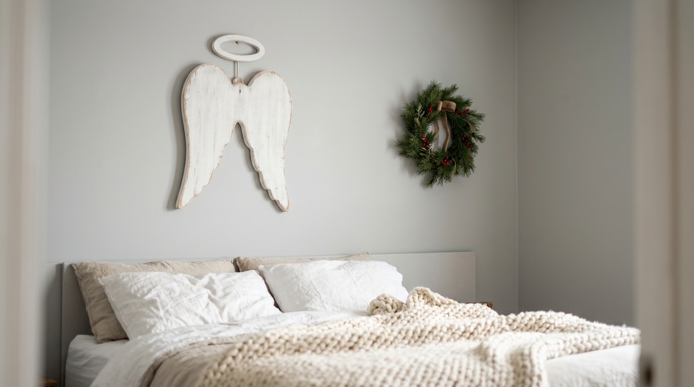 White painted wooden angel wing plaque with a halo above a bed