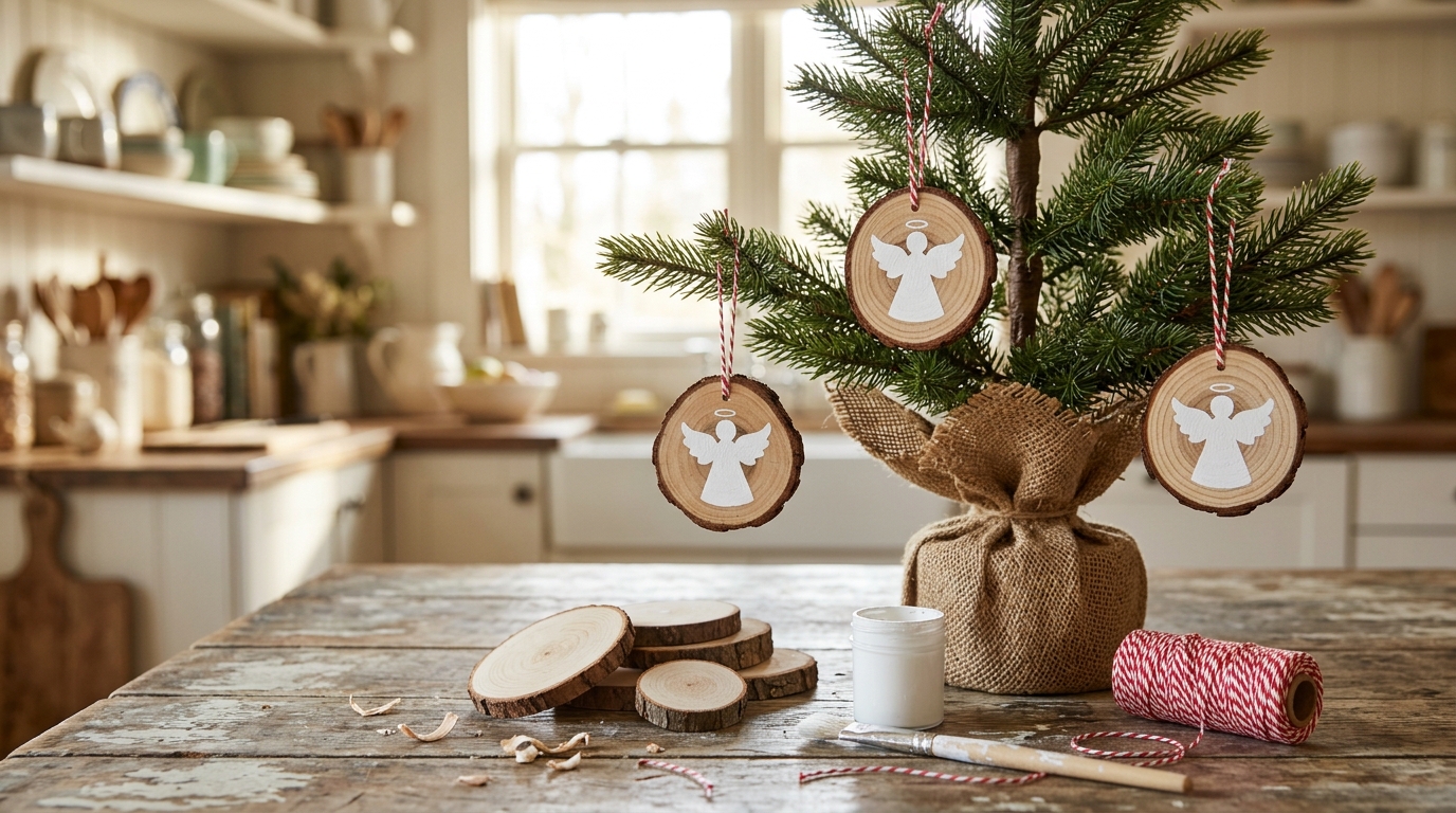 Wood slice ornaments painted with white angel silhouettes on a small tree