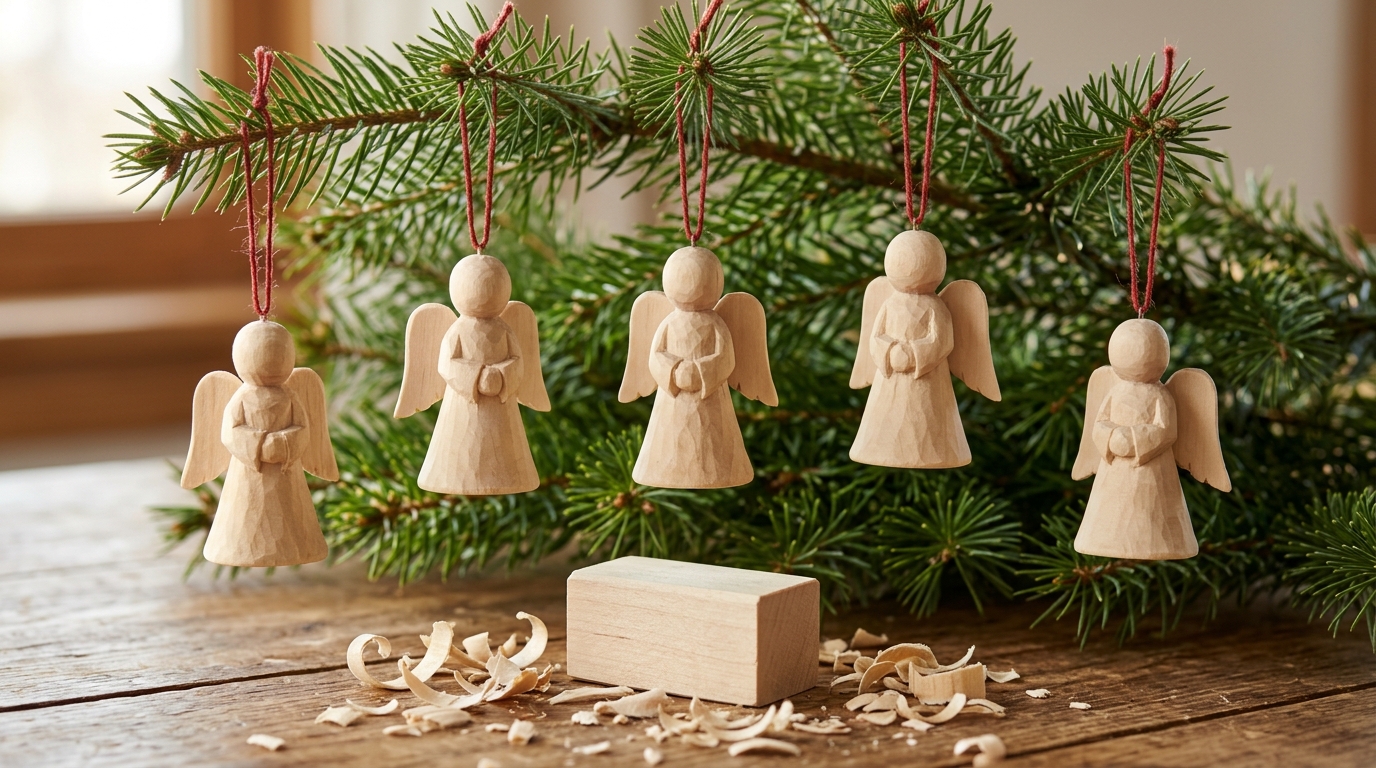 Small whittled basswood angel ornaments hanging on a tree branch